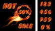 Transparent realistic round  fire flame frame with burning text. Hot sale and perсent and digit for your business banners