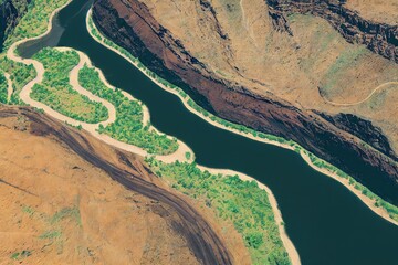 Poster - Bright yellow green valley through which Iceland aerial river flows, created with generative ai