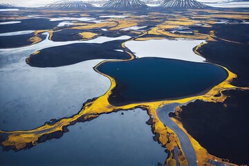 Poster - Beautiful yellow turquoise tones in landscape with Iceland aerial river, created with generative ai