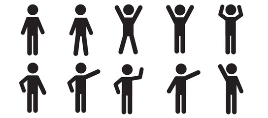 A human figure with different poses and gestures, a set of icons. Pictogram of a human silhouette waving his arms. Isolated on a white background.