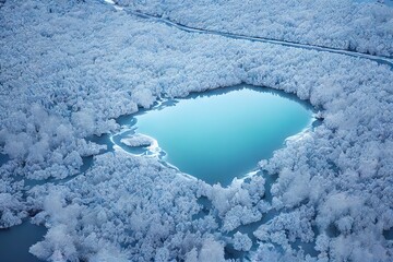 Poster - Beautiful bright blue ice on banks of Iceland aerial river, created with generative ai