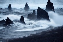 Waves Crashing Against Protruding Rocks And Coast Of Iceland Beach, Created With Generative Ai