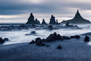 Canvas Print - Desert iceland beach in beautiful grey pink tones in evening, created with generative ai