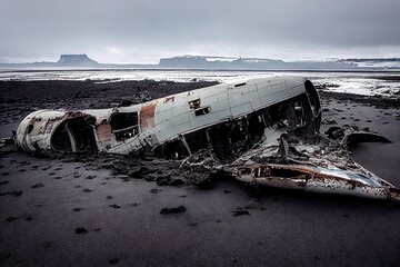 Poster - Wreckage of crashed plane on sandy shore of iceland beach, created with generative ai