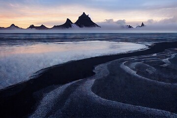 Canvas Print - Beautiful evening landscape of sandy iceland beach and dark sharp cliffs, created with generative ai