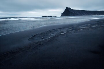 Canvas Print - Dark gray landscape of deserted sandy shore of iceland beach, created with generative ai