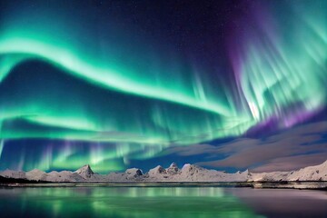 Wall Mural - Purple green northern lights at very edge of iceland beach, created with generative ai