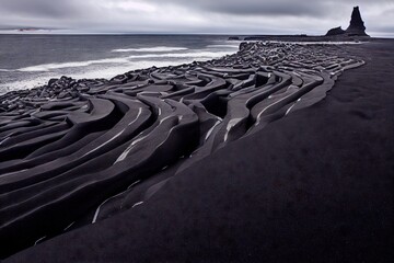 Canvas Print - Sandy strip of iceland beach shore in dark gray tones, created with generative ai