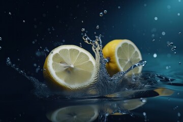 Whole lime and halves, close-up slices with water splashes. Generative ai