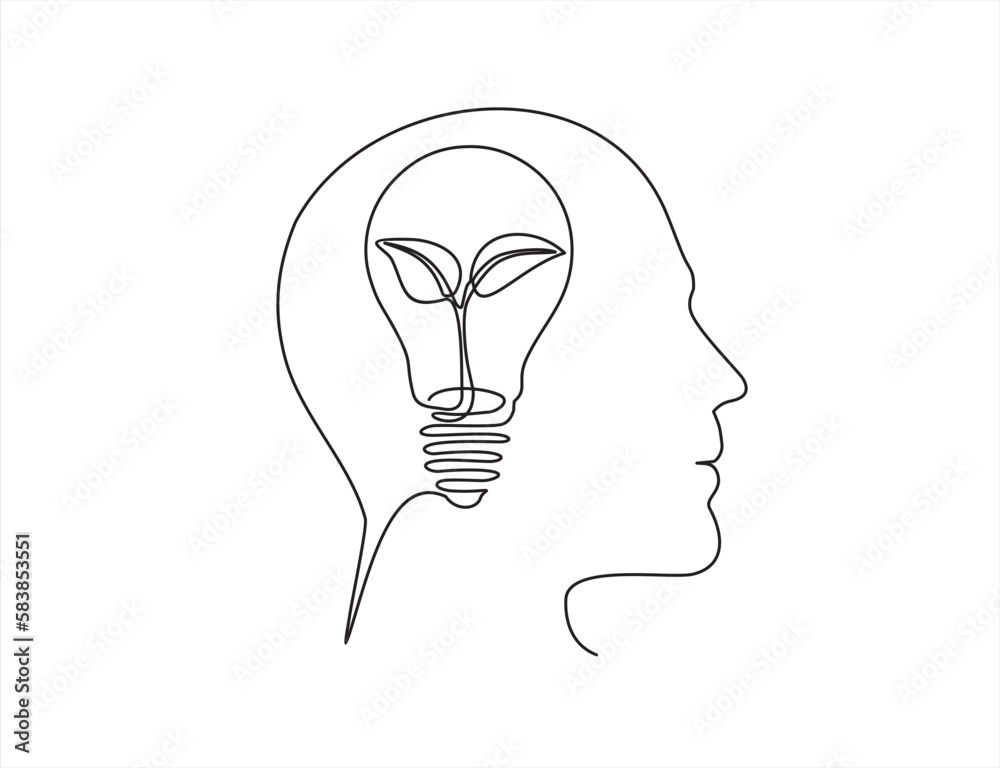 One continuous line drawing of human head with light bulb and plant ...