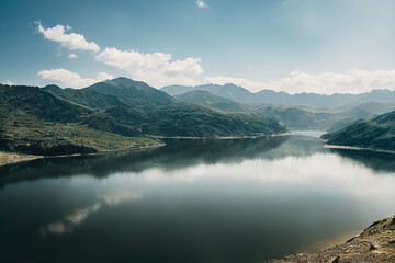 Canvas Print - Dark green mountain lake hidden among green hills and fells, created with generative ai