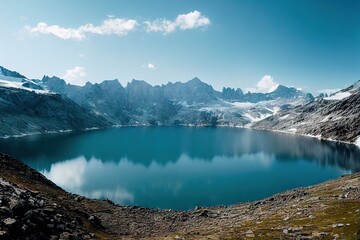 Wall Mural - Bright turquoise mountain lake surrounded by rocky snow-capped hills, created with generative ai