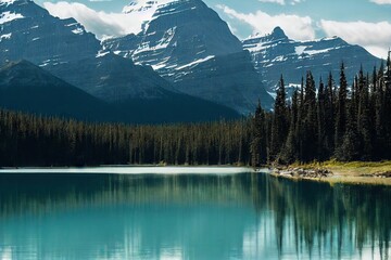 Poster - Dense forests surrounding clear waters of mountain lake, created with generative ai