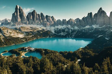 Wall Mural - Bright blue mountain lake surrounded on all sides by impregnable rocks, created with generative ai