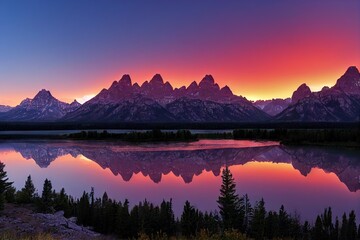 Wall Mural - Beautiful landscape in purple pink tones with mountain river, created with generative ai