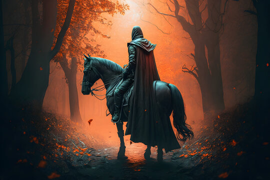 Knight with horse in the forest day. Generative AI