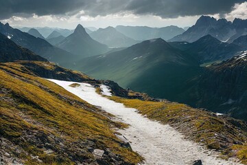 Sticker - Cold mountain river against background of snow-capped hills, created with generative ai