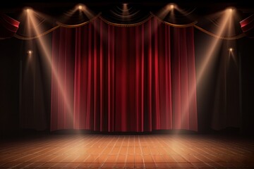 Poster - Blank stage with shining flash light and red curtain background. Generative ai