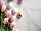 Fototapeta Tulipany - Golden Easter Eggs and Elegant Pink Tulip Flowers on a white marble background. Copyspace. Generative AI art