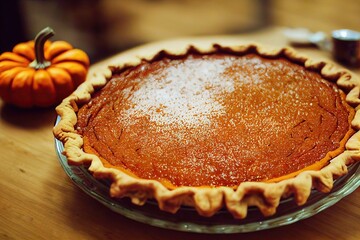 Canvas Print - Homemade pumpkin pie with sugar and spices on table, created with generative ai