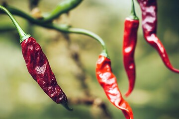 Wall Mural - Green twigs in garden and red pepper hanging, created with generative ai