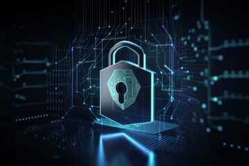 Poster - Cybersecurity concept, keylock in blue colors, binary code lock, AI generated
