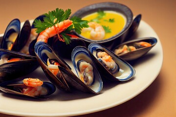 Sticker - Rich hot seafood soup with mussels and herbs, created with generative ai