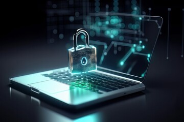 Leinwandbilder - Cyber network concept, holding global network security. Safety, Closed Padlock on digital. Cyber security, information privacy and data protection concept on server room background. Generative ai