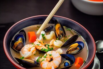 Wall Mural - Plate of delicious nourishing seafood soup with mussels on dark gray table, created with generative ai