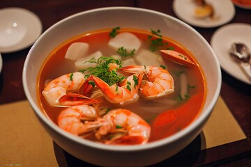 Wall Mural - Delicious seafood soup with mussels and shrimp and tomato broth, created with generative ai