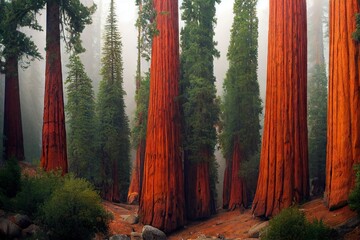 Wall Mural - Giant redwood trees in haze of sequoia forest, created with generative ai