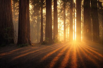 Wall Mural - Low setting sun among trunks of sequoia forest, created with generative ai