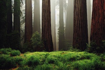 Poster - Bright green vegetation of wild deserted sequoia forest, created with generative ai