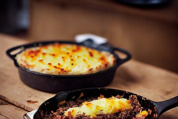 Wall Mural - Traditional British baked Shepherds pie in cast-iron skillet on table, created with generative ai