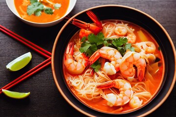 Sticker - Delicious Asian tom yam soup with seafood and cilantro leaves, created with generative ai