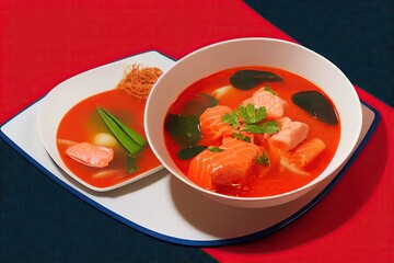 Wall Mural - Delicious Asian tom yam soup with seafood and addition of coconut milk, created with generative ai