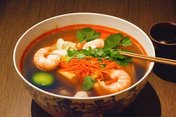 Poster - Bright orange hot tom yam soup with sprigs of parsley in form of decoration, created with generative ai