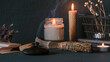 Tarot, astrology,Esoteric, Occult mystical ritual scene of sorcery tarot candles,dried flowers, palo santo tarot cards, ritual book.Witchcraft,mysticism and occultism,esoteric background,tarot banner