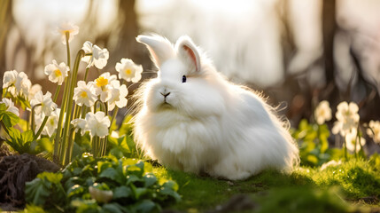 White rabbit sitting in a patch of daffodils, created with Generative AI