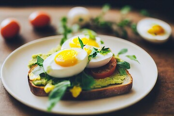 Canvas Print - White plate with toast with avocado and scrambled eggs sprinkled with herbs and peppers, created with generative ai