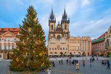 Christmas Tree At Old Town Square With Church Of Our Lady Before Tyn, UNESCO World Heritage Site, Old Town Of Prague, Prague