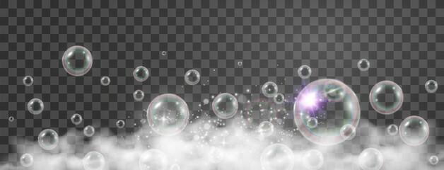 air bubbles on a transparent background. soap foam vector illustration.