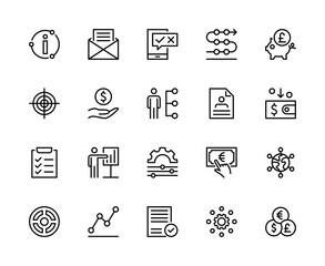 Business and finance vector linear icons. Business management. Information, plan, marketing and more. Collection of business icons for websites. Editable stroke.