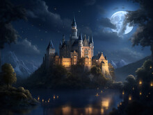 Magical Castle Under Starry Night Sky, Fantasy Landscape, Stunning Illustration, Generative AI
