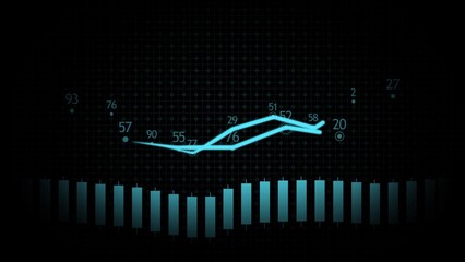 Poster - Japanese candlestick chart against the background of digital data moving in a row and a schematic image of a running line. Computer graphics background footage