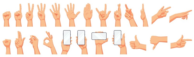 set of realistic human hands, signs and gestures, figures and finger movements with the phone isolat
