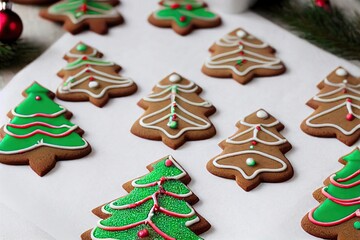 Poster - Appetizing gingerbread cookies in form of Christmas trees with white glaze, created with generative ai