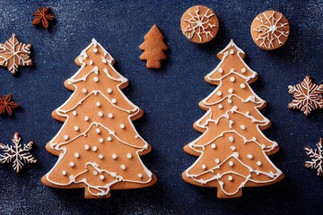 Sticker - Appetizing gingerbread cookies in form of Christmas trees with white glaze, created with generative ai