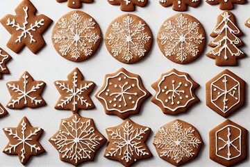 Wall Mural - Homemade gingerbread cookies covered with sugar glaze and decorated with snowflakes, created with generative ai
