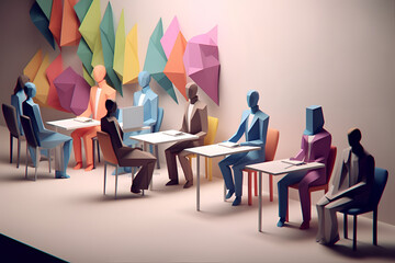 Wall Mural - Inclusive Workplace. Hiring Scene. Multicultural Job Interview in Low-Poly Style